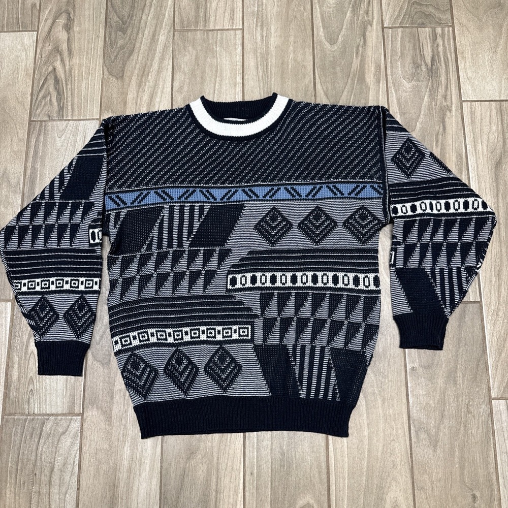 McGregor L Sweater Vtg Acrylic‎ Knit Black/White Geometric Long Sleeve Crewneck